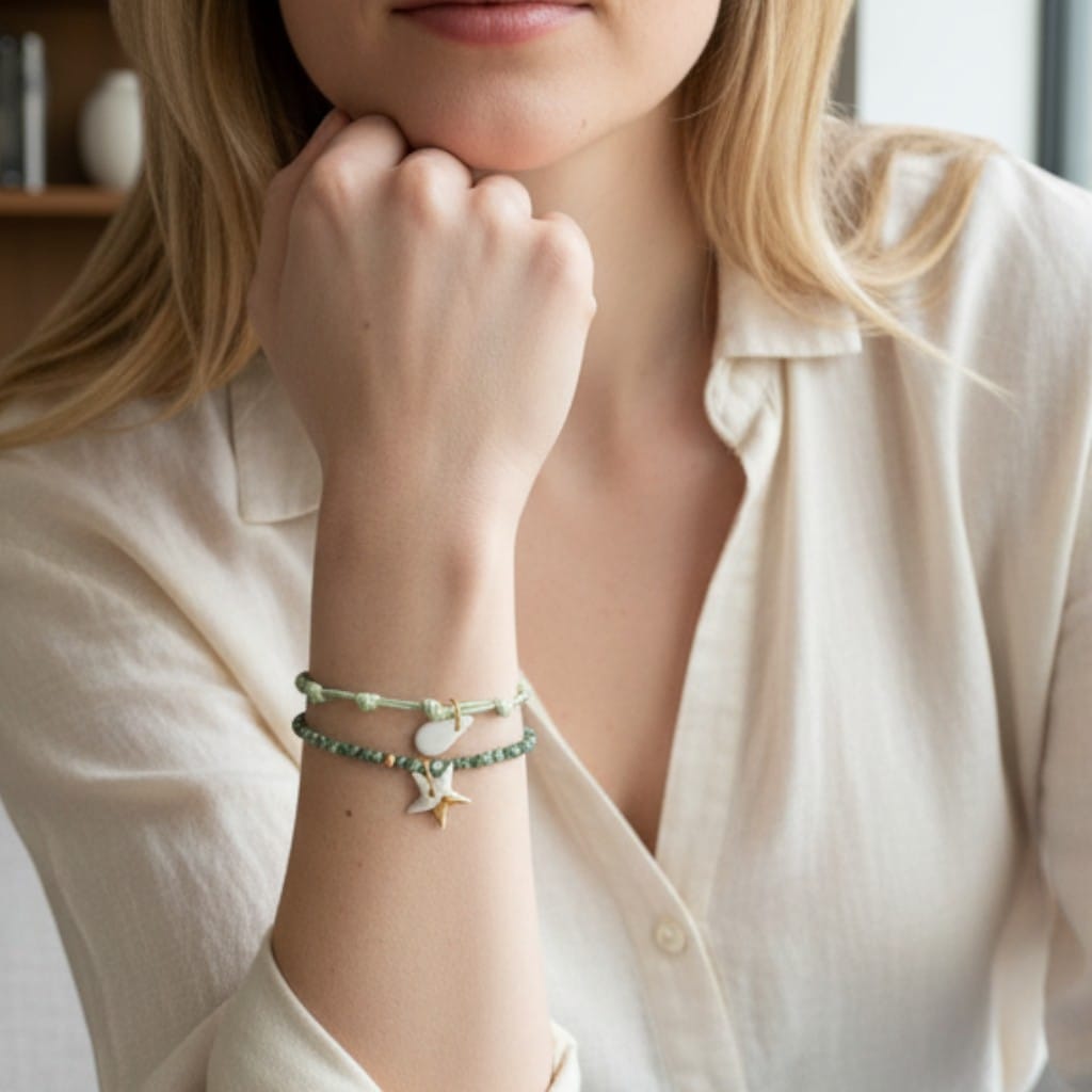 Bracelet cordon vert et pendentif en porcelaine blanche – ajustable, bijou fait main France