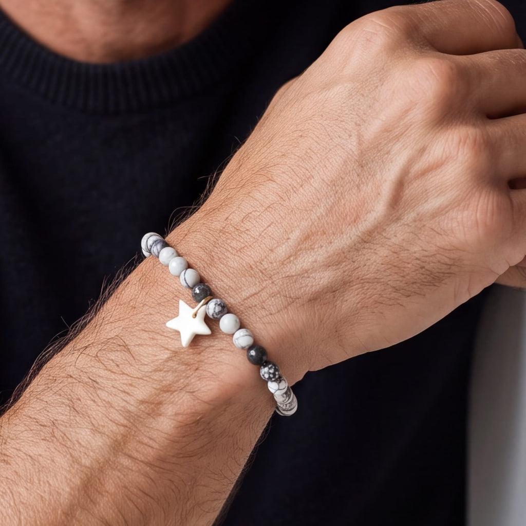 Bracelet homme en jaspe araignée et pendentif en porcelaine