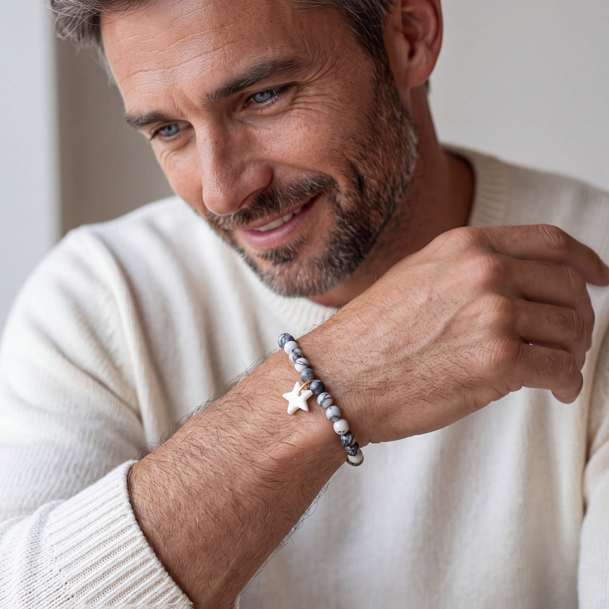 Bracelet homme en jaspe araignée et pendentif en porcelaine
