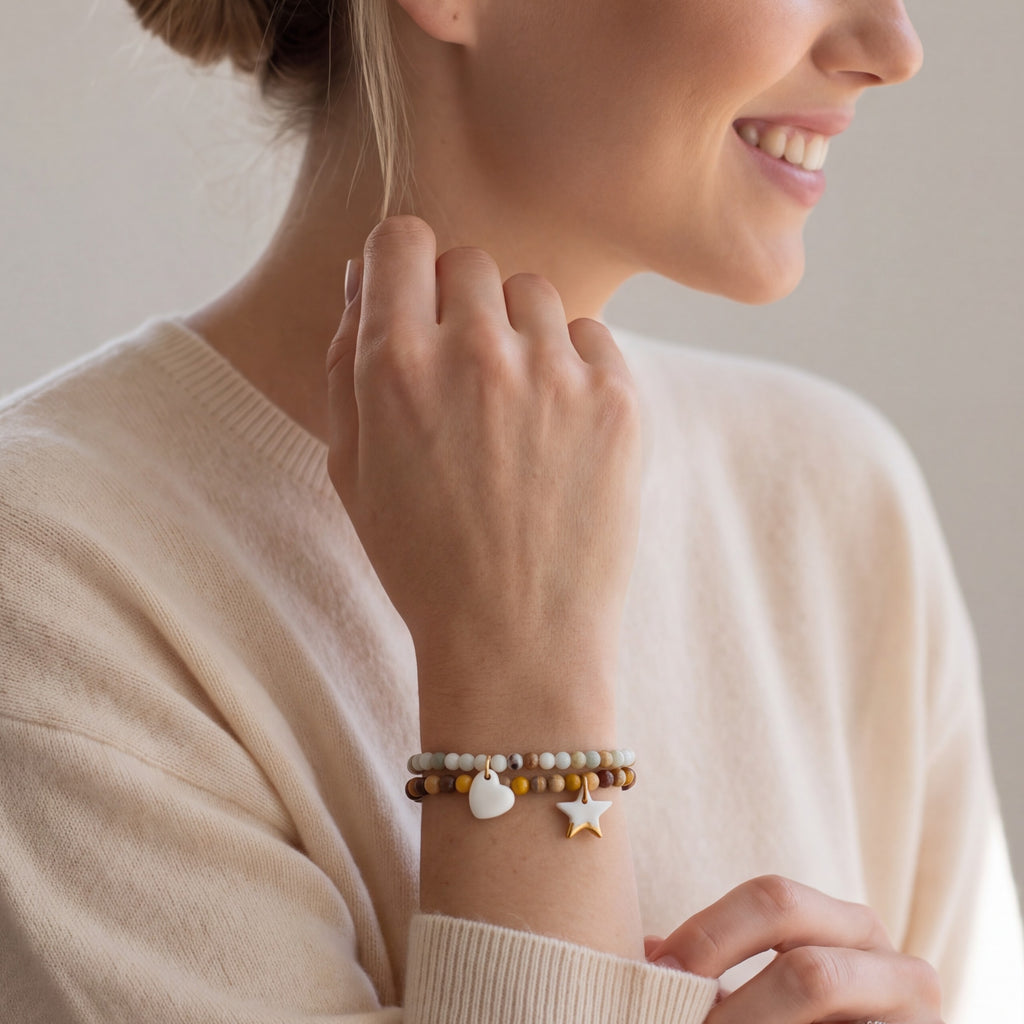 Bracelet en jaspe mokaïte et pendentif en porcelaine fait main