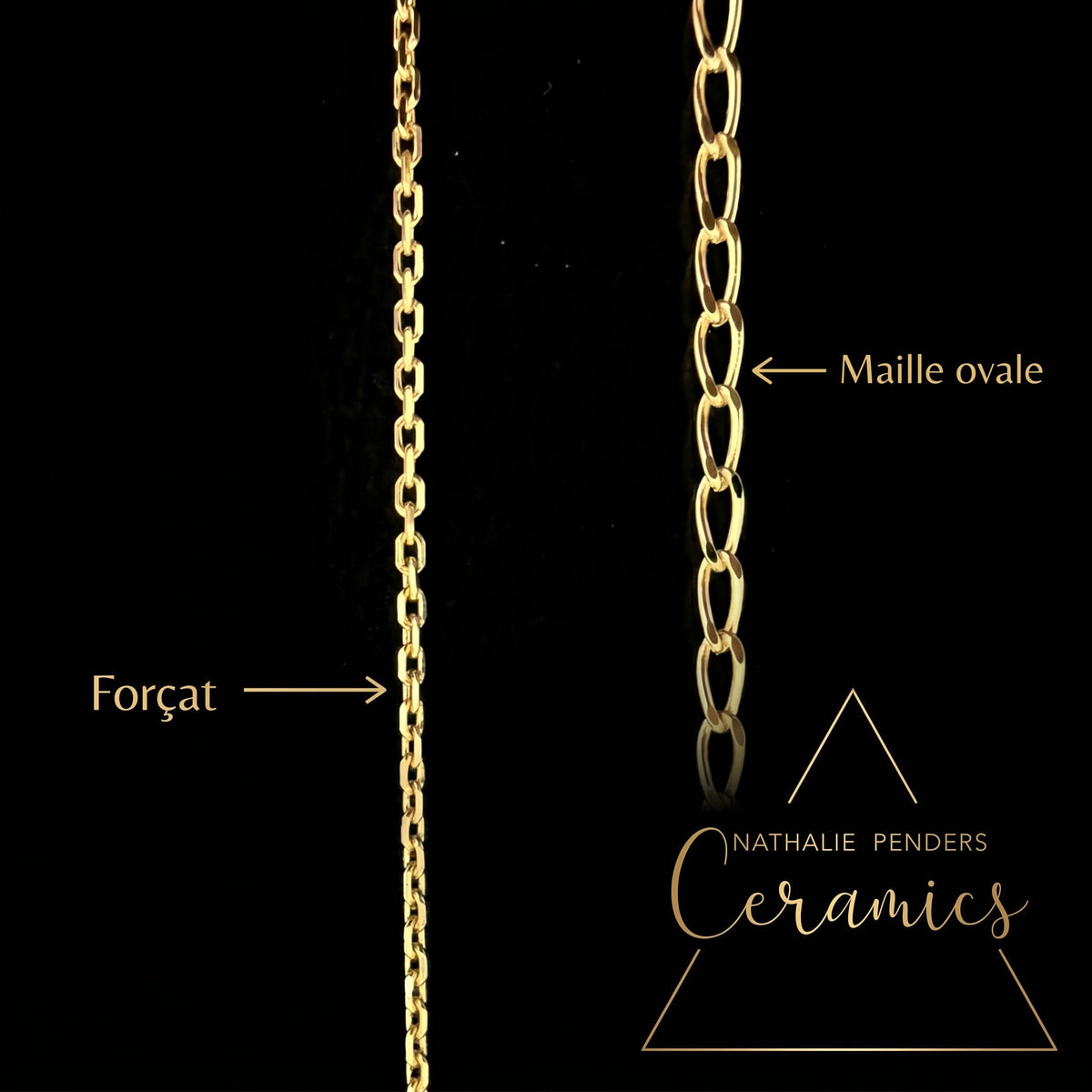 Comparatif maille forçat et maille ovale — chaînes dorées pour collier lys porcelaine