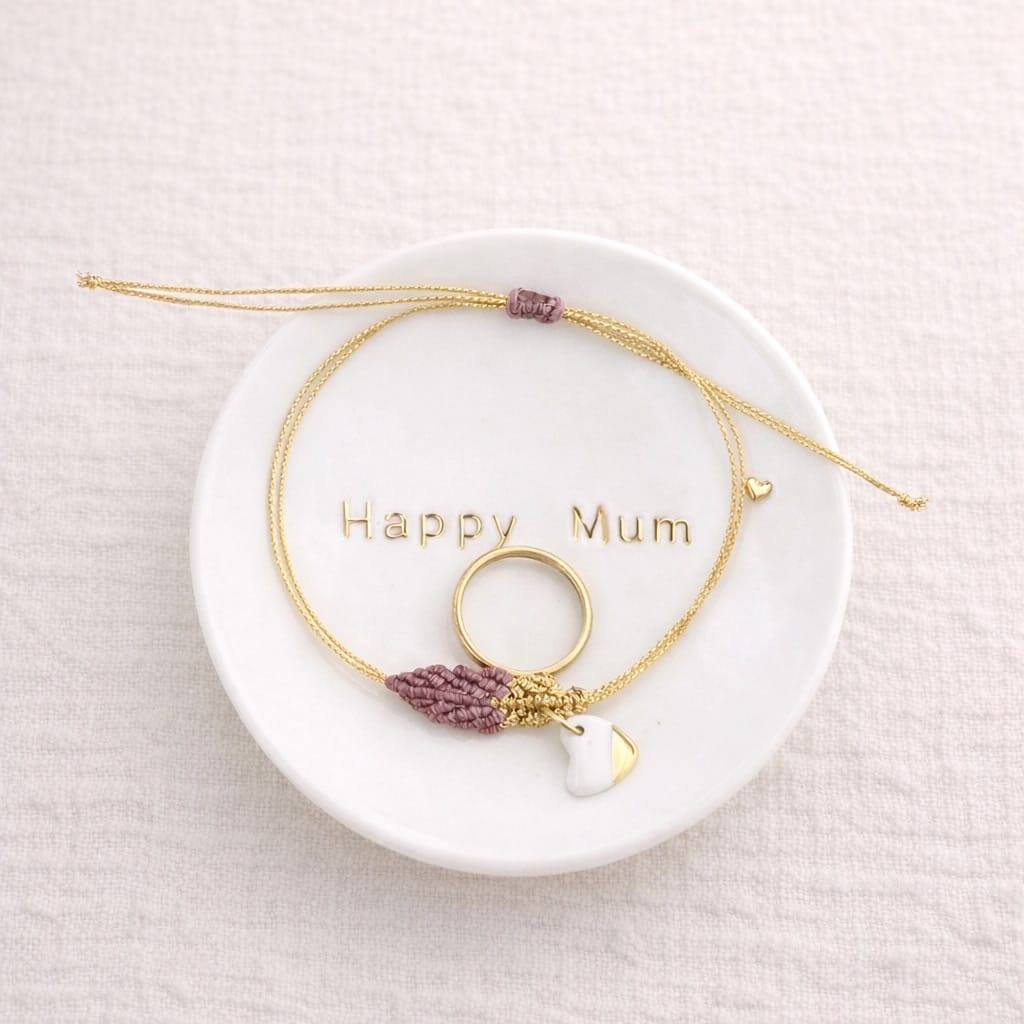 Coupelle porcelaine Happy Mum dorure or véritable avec bracelet - cadeau fête des mères fait main