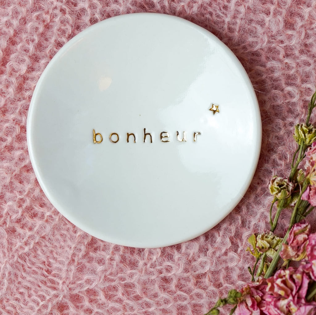 coupelle à bijoux en porcelaine blanche avec inscription bonheur fait main en France